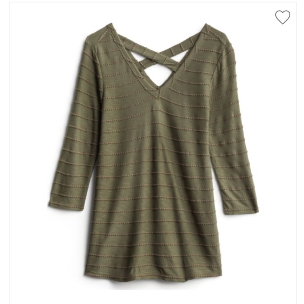 Olive green v-neck with criss-cross back.